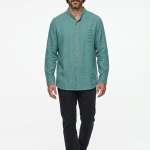 FLAX Linen Long Sleeve Men L Teal Button-Up Mandarin Collar Career Pocket Shirt